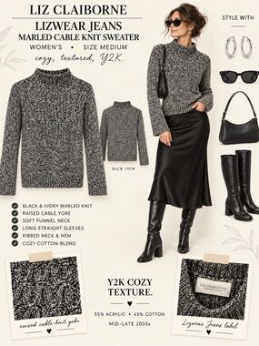 Y2K Liz Claiborne Lizwear Marled Cable Knit Funnel Neck Sweater M